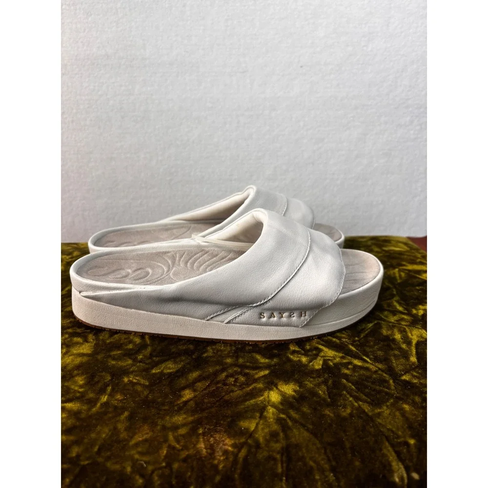 SAYSH Scia Slide Sandal White Leather Platform Comfort Slip On Shoes Size 7 NWOB